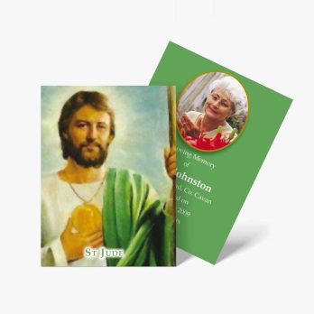 a green card with a picture of jesus and an old woman