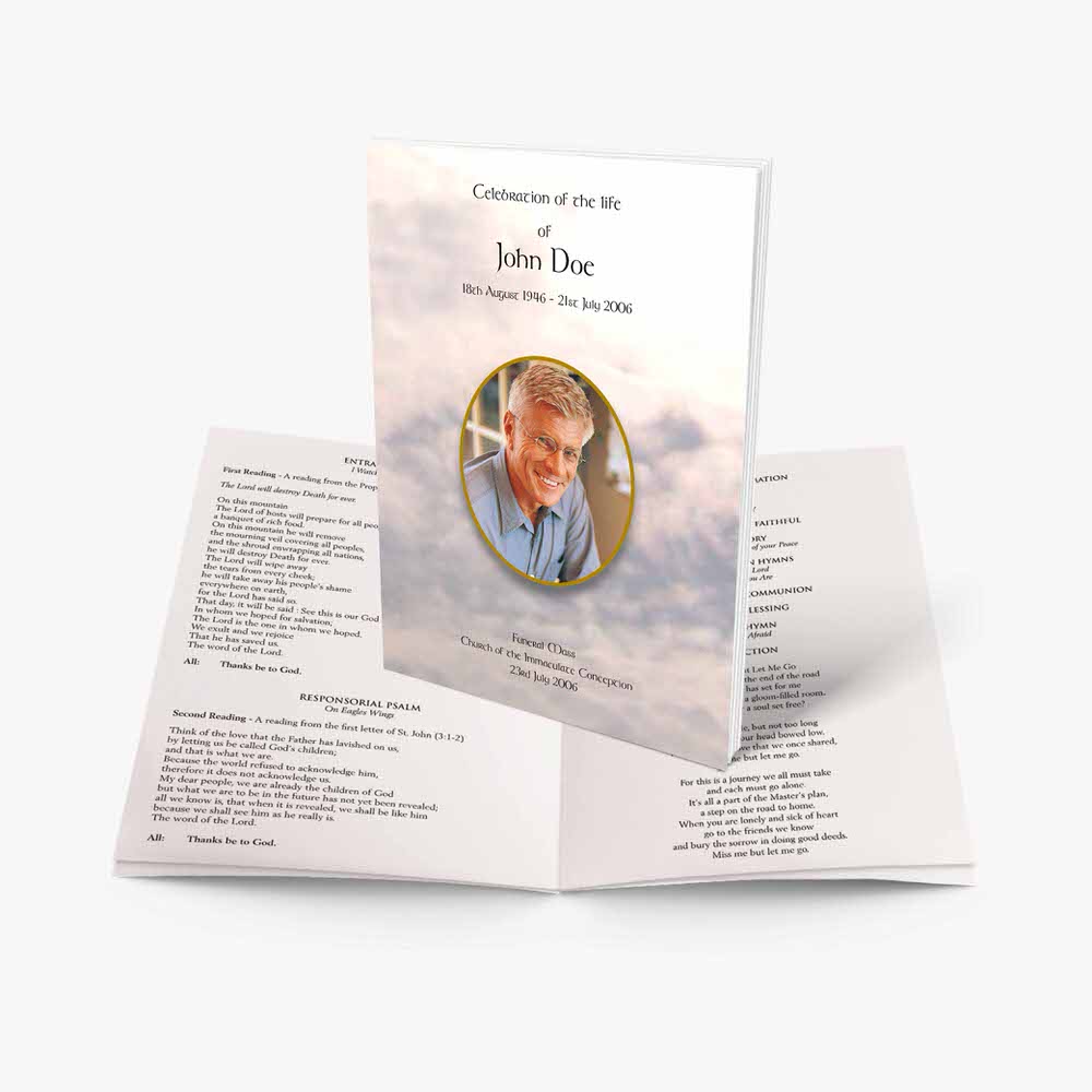 funeral program template with photo of a man in a white shirt