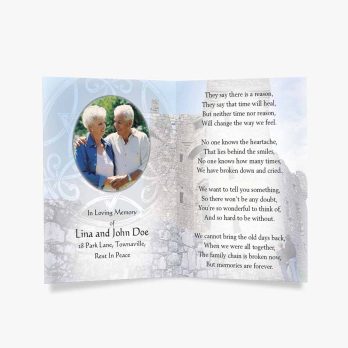 a personalised funeral card with a photo of a couple