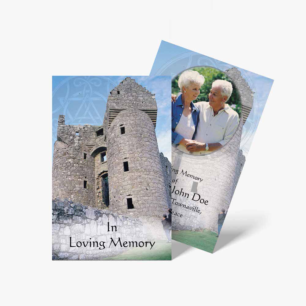 a card with an image of an old couple in front of a castle