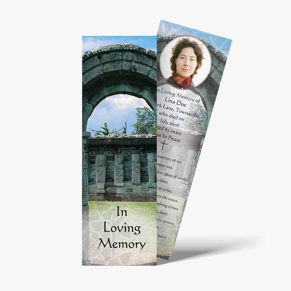 a bookmark with a photo of a woman in front of an arch
