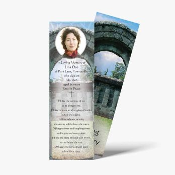 a bookmark with a photo of a woman in a stone arch