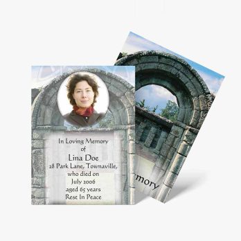 a funeral card with a photo of a woman in front of a stone arch