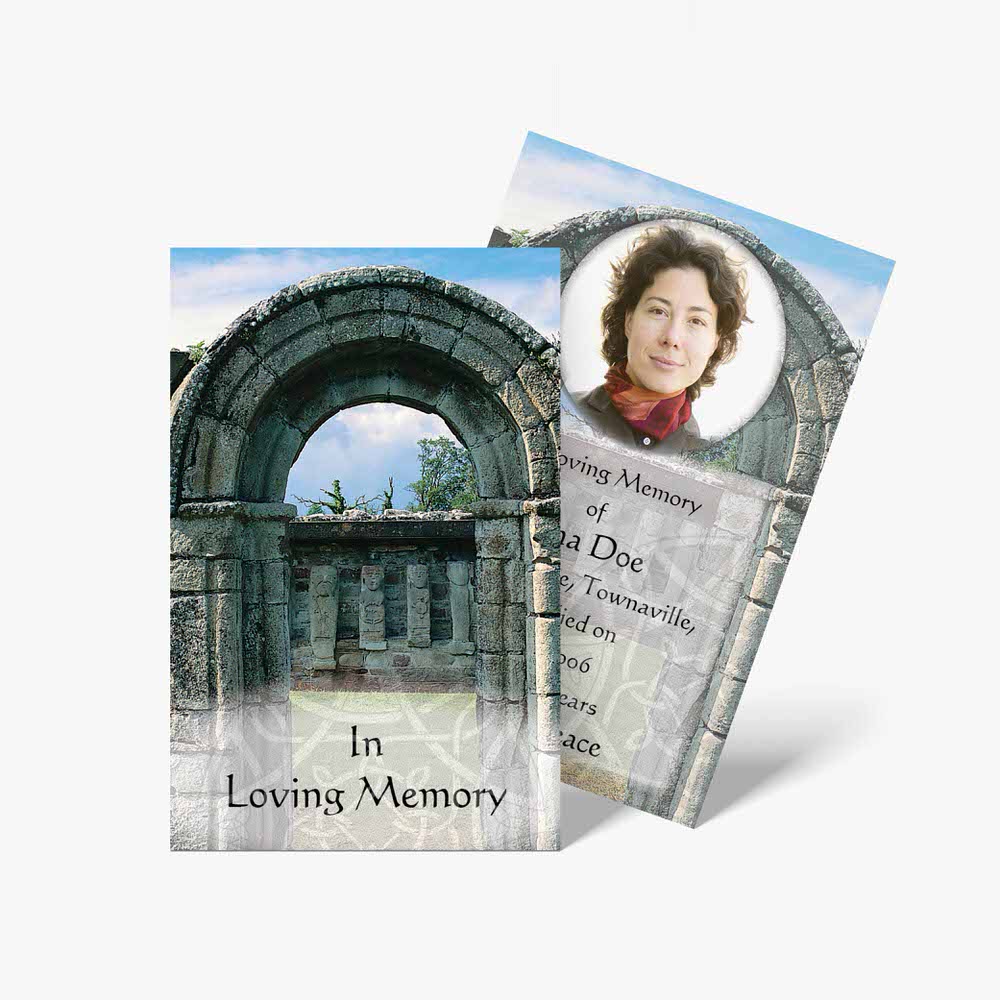 funeral home cards with a photo of a woman in front of an arch