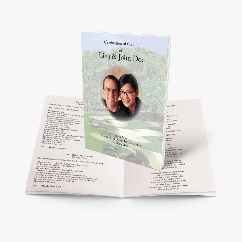 a funeral program with a photo of a couple in a park