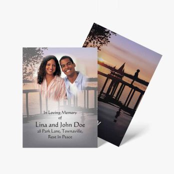 two funeral cards with a photo of a couple on the beach