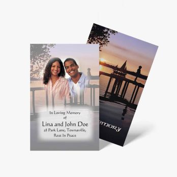 two funeral cards with a photo of a couple on a bridge
