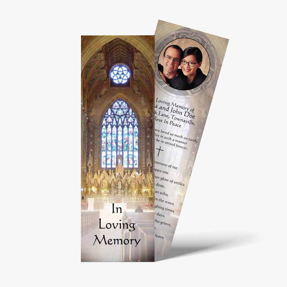a bookmark with a photo of a church and a photo of a couple