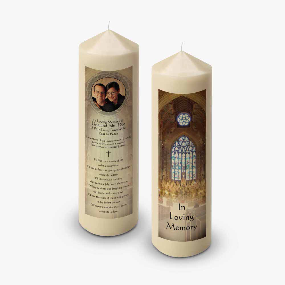 a candle with a photo of a couple on it