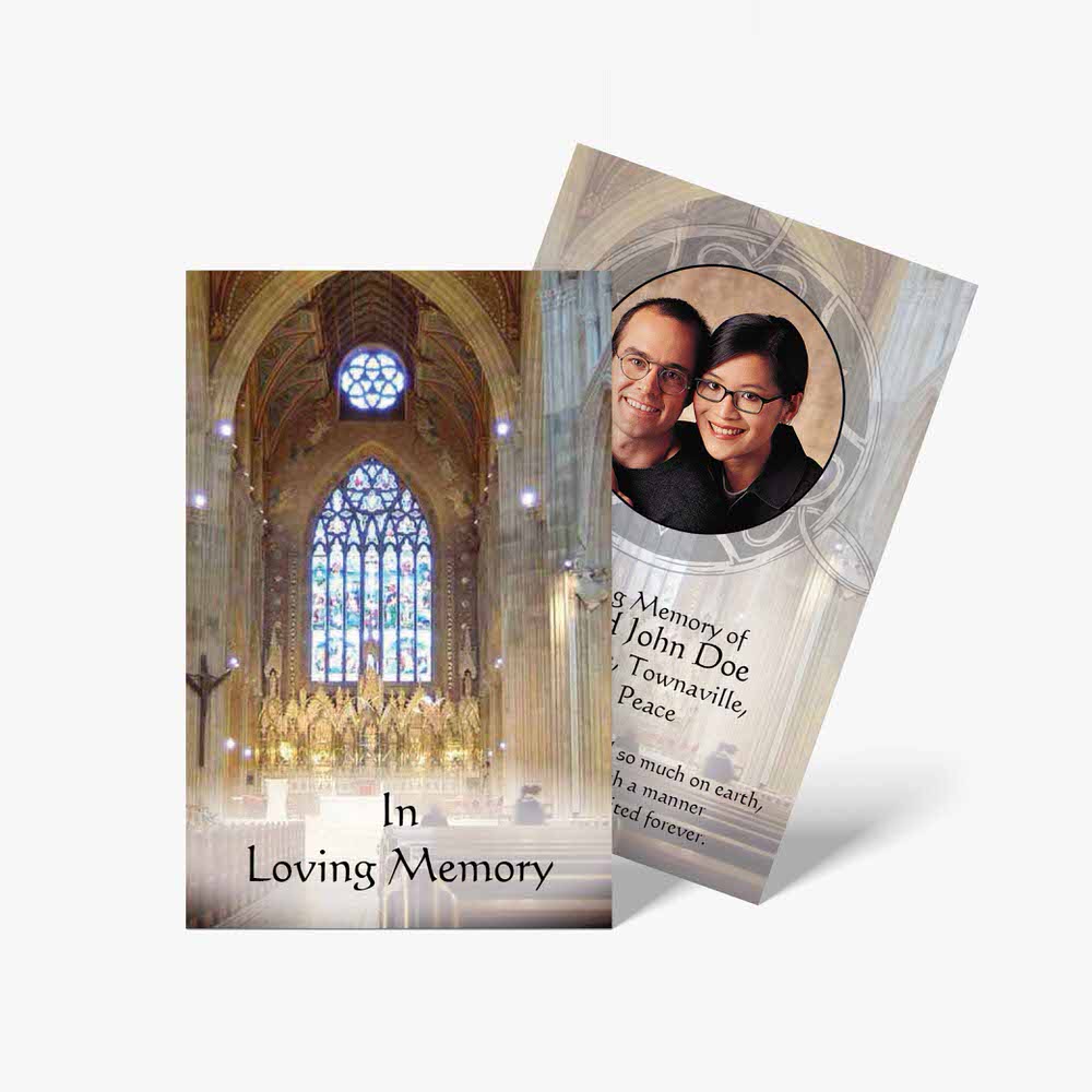 a couple's photo is on a card with a church in the background
