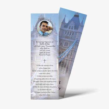 a bookmark with a photo of a man in front of a tower bridge