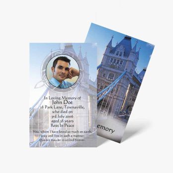 a funeral card with a photo of a man in front of a tower bridge