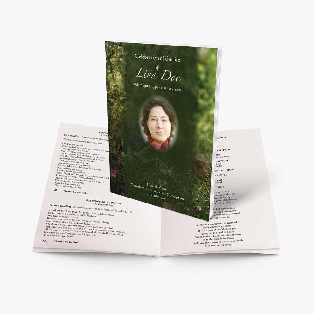 a funeral booklet with a photo of a woman in a garden