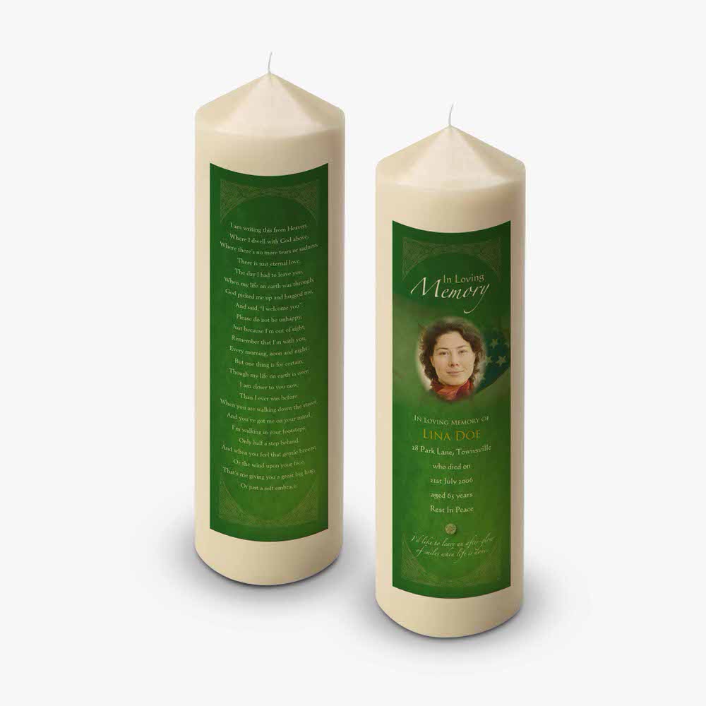 a candle with a picture of a woman on it