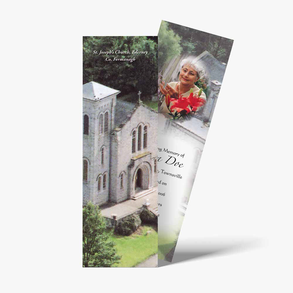 a bookmarks with a photo of a church and a flower