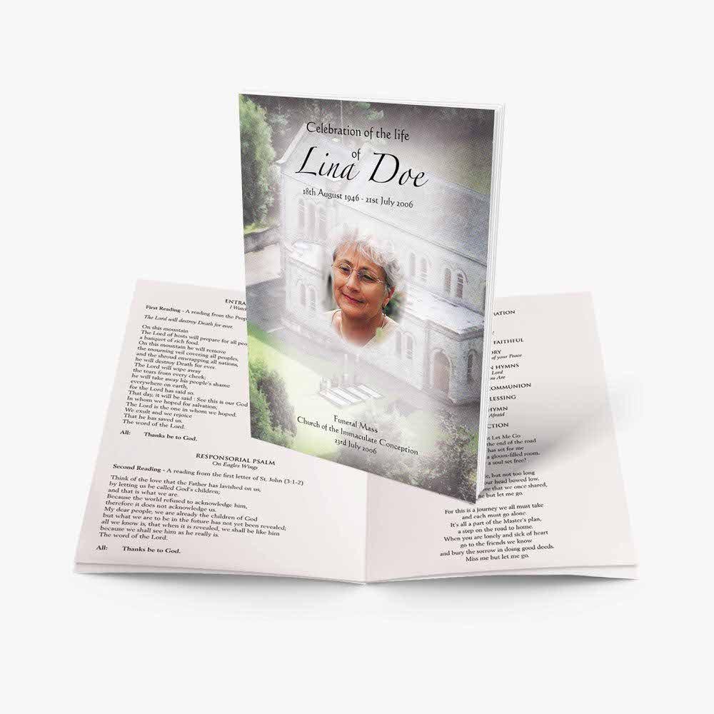 a funeral pamphlet template with a photo of a woman in a white dress