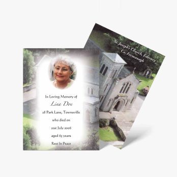 funeral cards with a photo of a church and a photo of the deceased