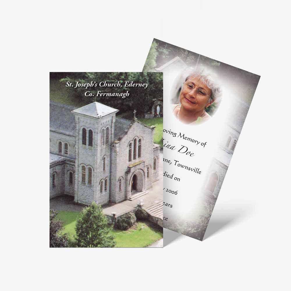 a funeral card with a photo of a church