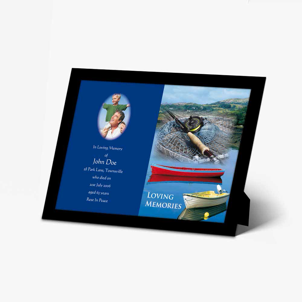 a photo frame with a fishing boat and a couple on it