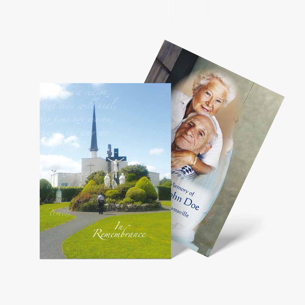 two cards with a church and a photo of an elderly couple