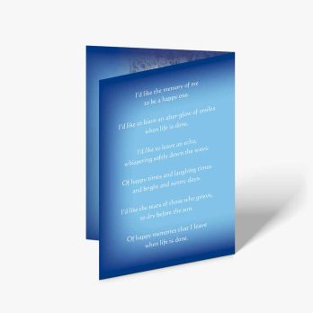 a blue and white card with a poem