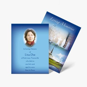 a funeral card with a photo of a woman and a blue background