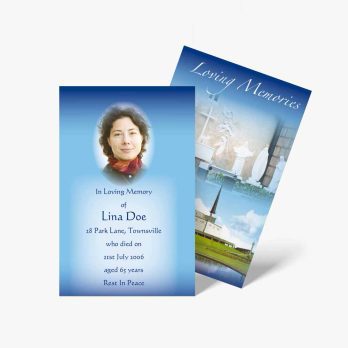 a funeral card with a photo of a woman and a blue background