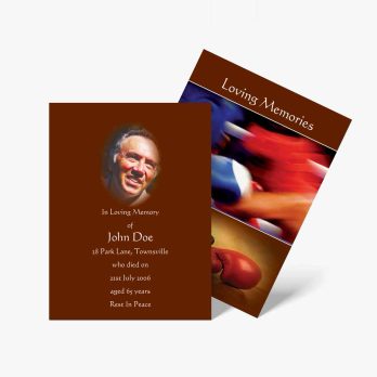 a funeral card with a photo of a man and a boxing glove