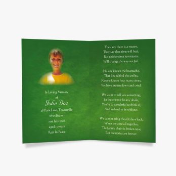 green funeral card with a poem