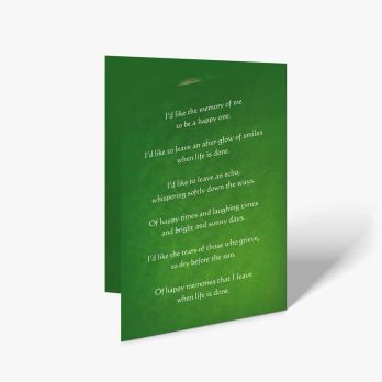 the green card is a greeting card with a poem on it