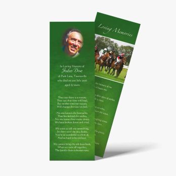 a green bookmark with a picture of a horse race