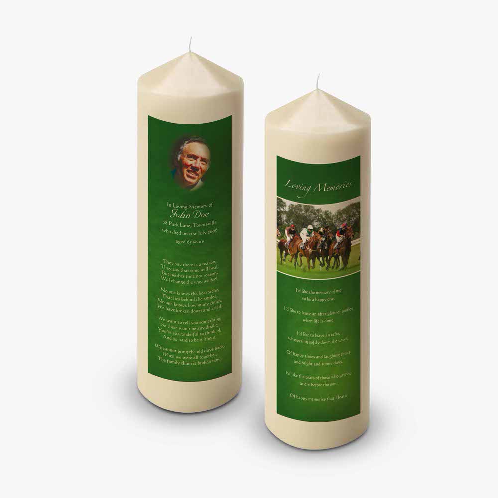 two candles with a picture of a horse on them