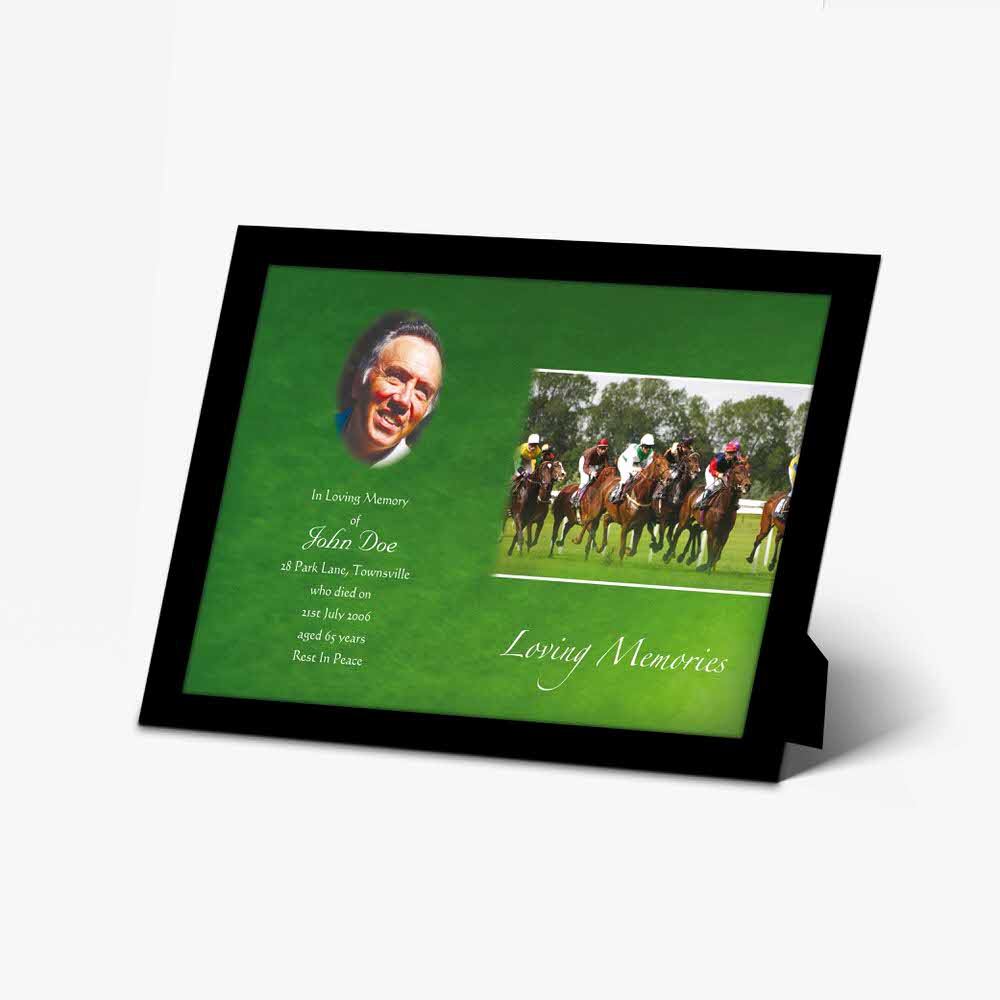 a green and black photo frame with a picture of a horse race