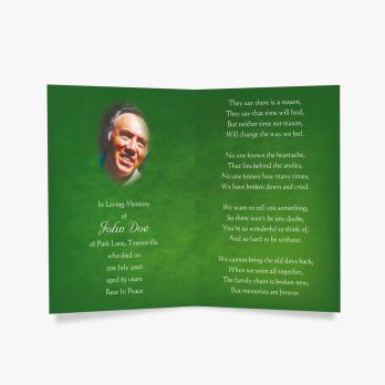 green funeral card with a photo of a man in a suit