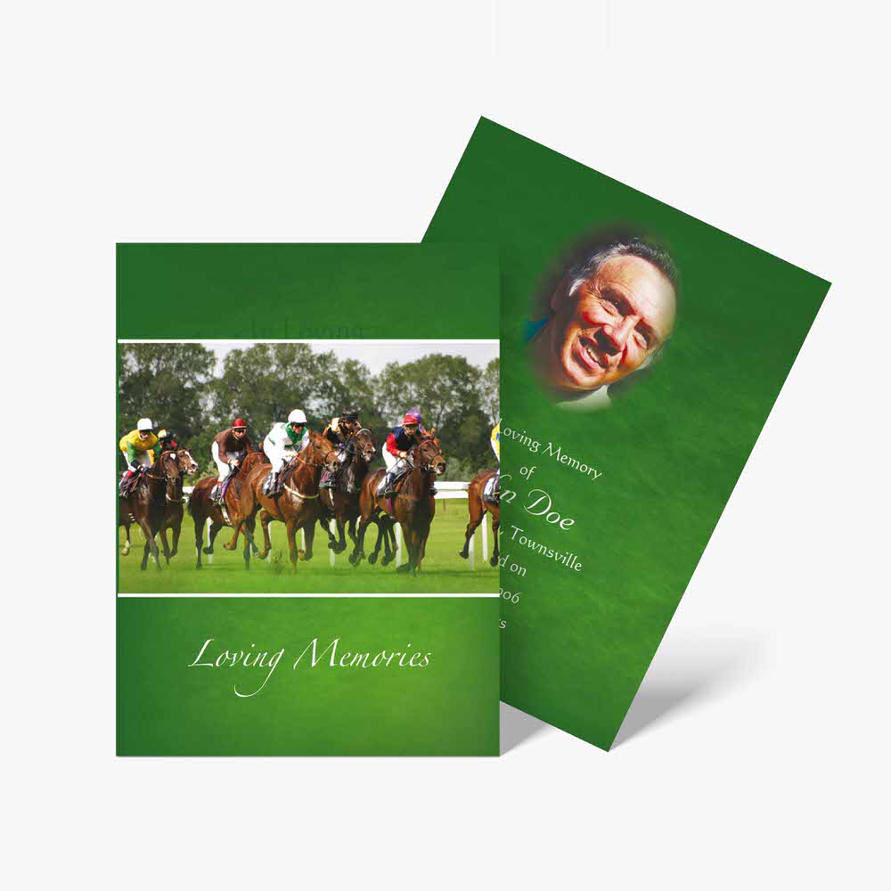 a green funeral card with a photo of horses racing