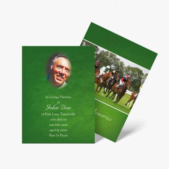 a green funeral card with a photo of a horse race