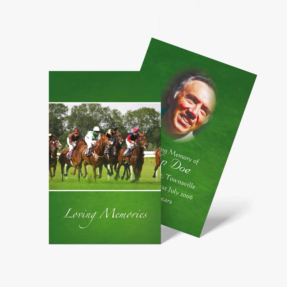 a green funeral card with a photo of a horse race