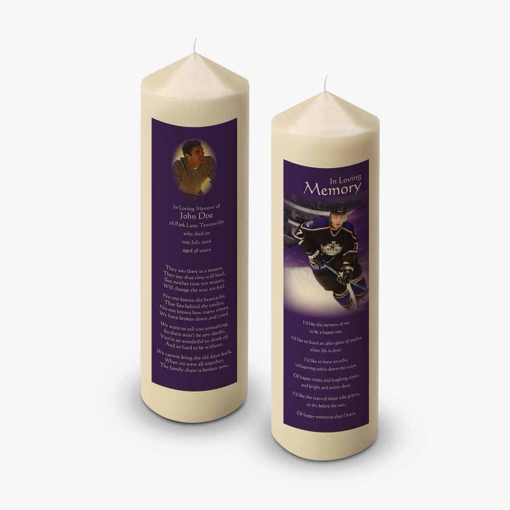 two candles with a picture of a hockey player on them