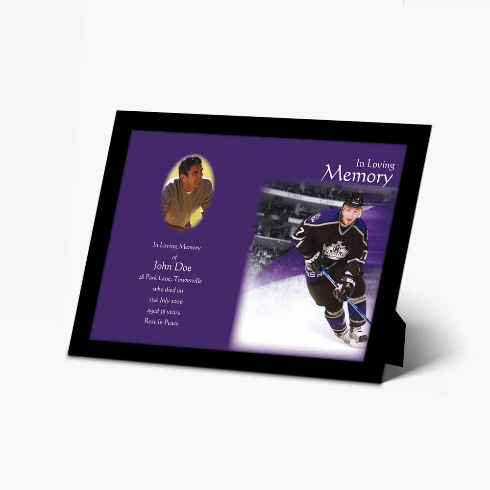 a purple and white photo frame with a hockey player's photo