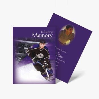 a purple hockey card with a photo of a player