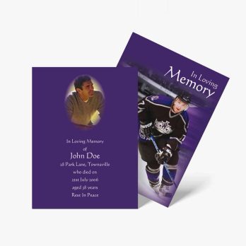 a purple and white memorial card with a photo of a hockey player