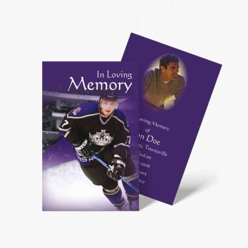 a memorial card with a hockey player on it
