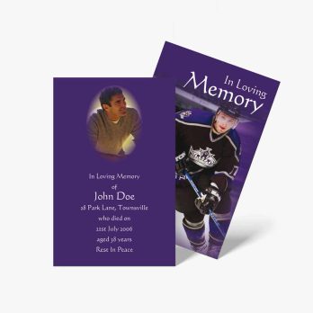 a purple card with a photo of a hockey player