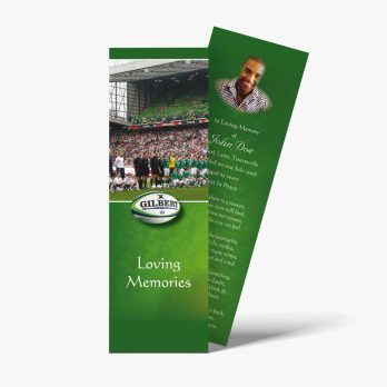 a green bookmark with a picture of a football stadium