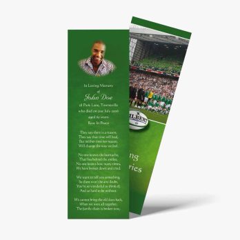 a green bookmark with a picture of a rugby player