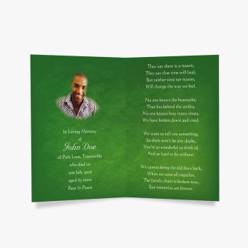 green funeral card with a photo of a man in a green suit