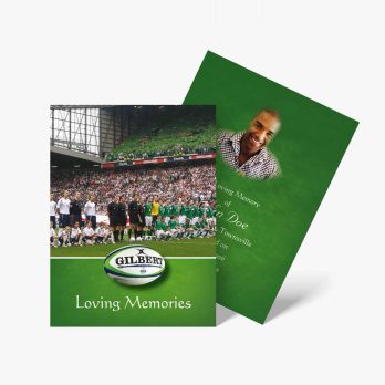 a green and white card with a photo of a football team