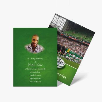 a rugby memorial card with a photo of a man in a green jersey
