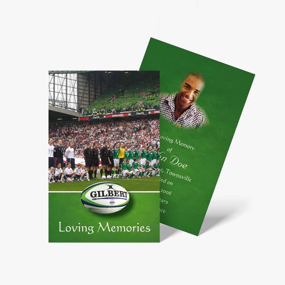 a green and white card with a photo of a rugby team