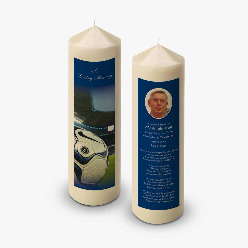 a candle with a picture of a soccer player